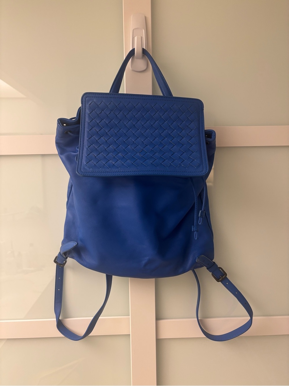 Bottega Veneta Royal Blue Intrecciato Flap Leather Backpack